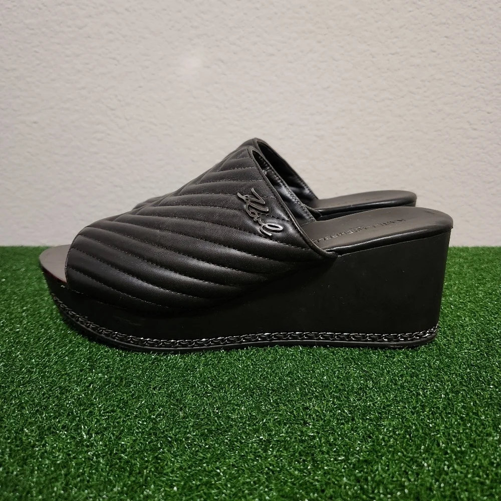 Karl Lagerfeld Liza Black Quilted Wedge Slide Sandals size 11M